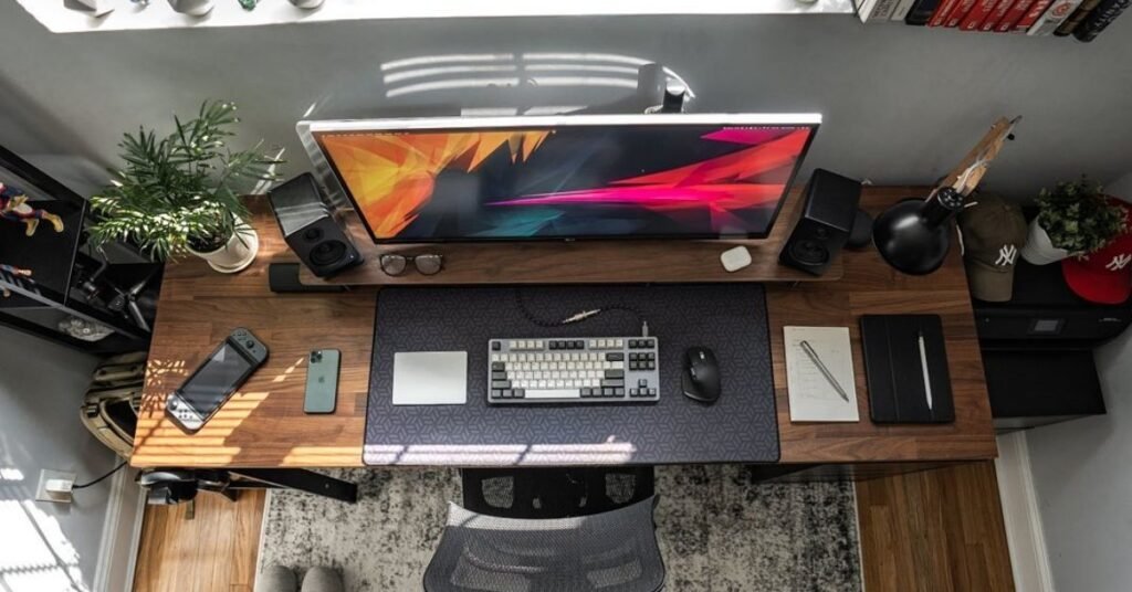 home office setup with desk, chair, and monitor for productivity