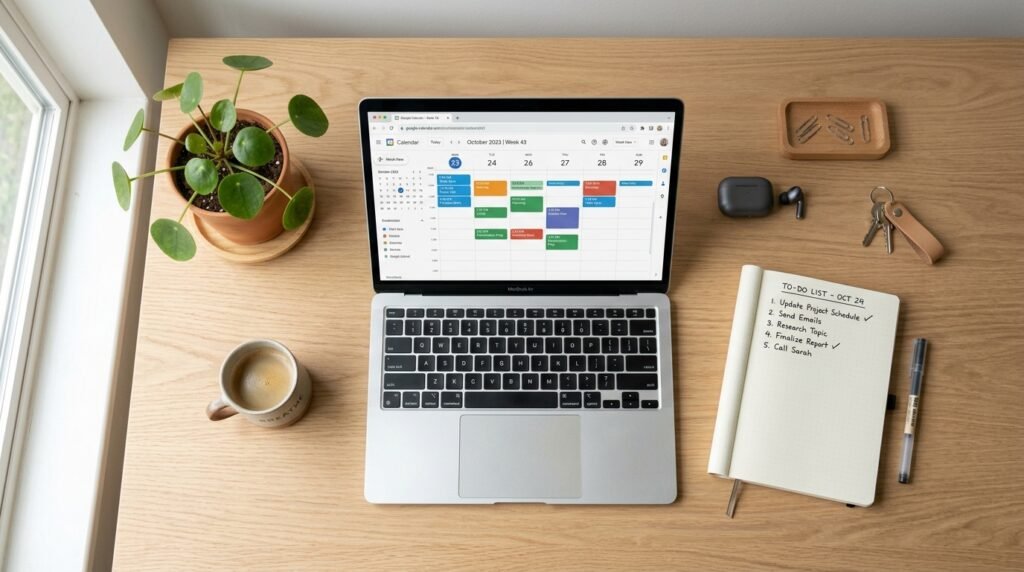 clean organized desk with laptop calendar and to-do notepad