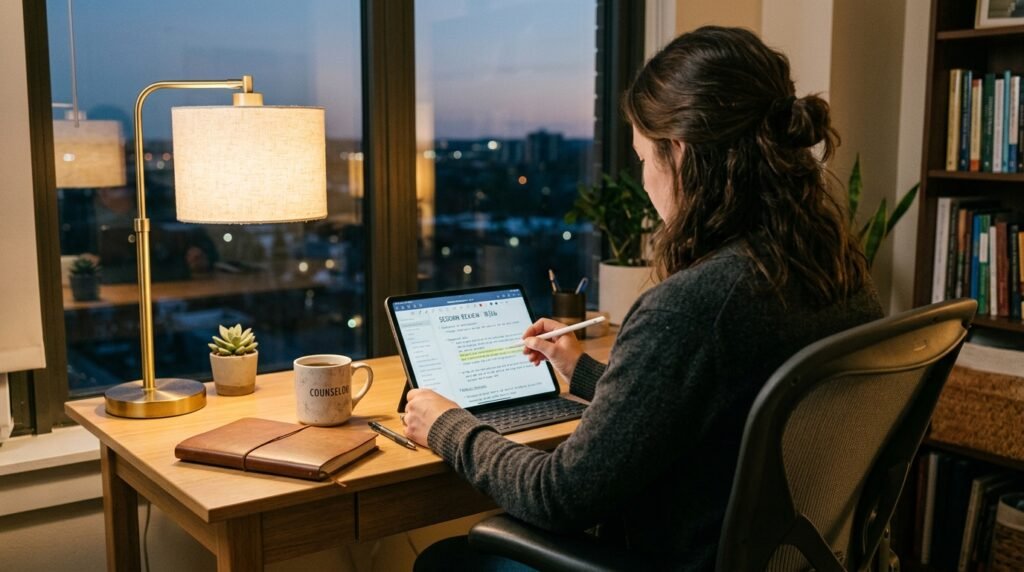counselor reviewing session notes on a tablet in the evening