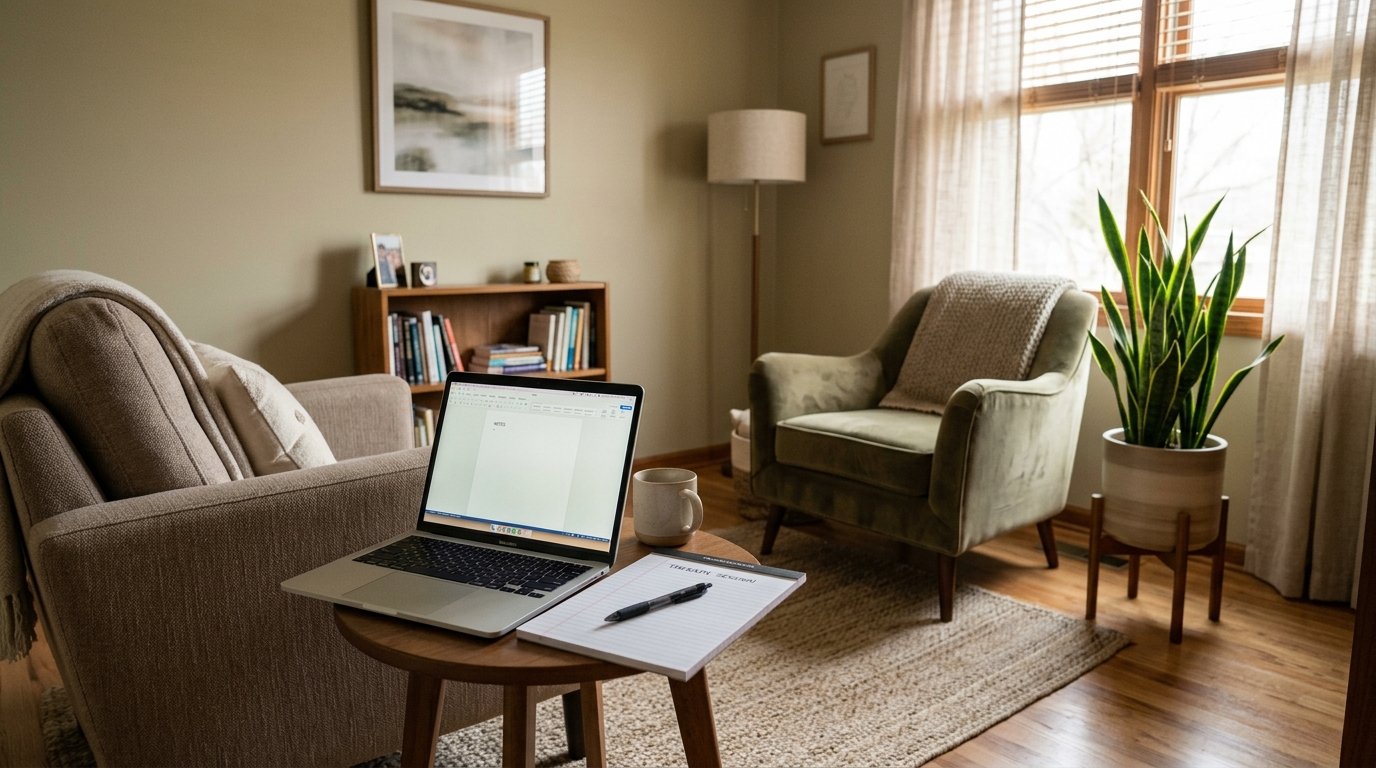 quiet therapist office with laptop and notepad on desk