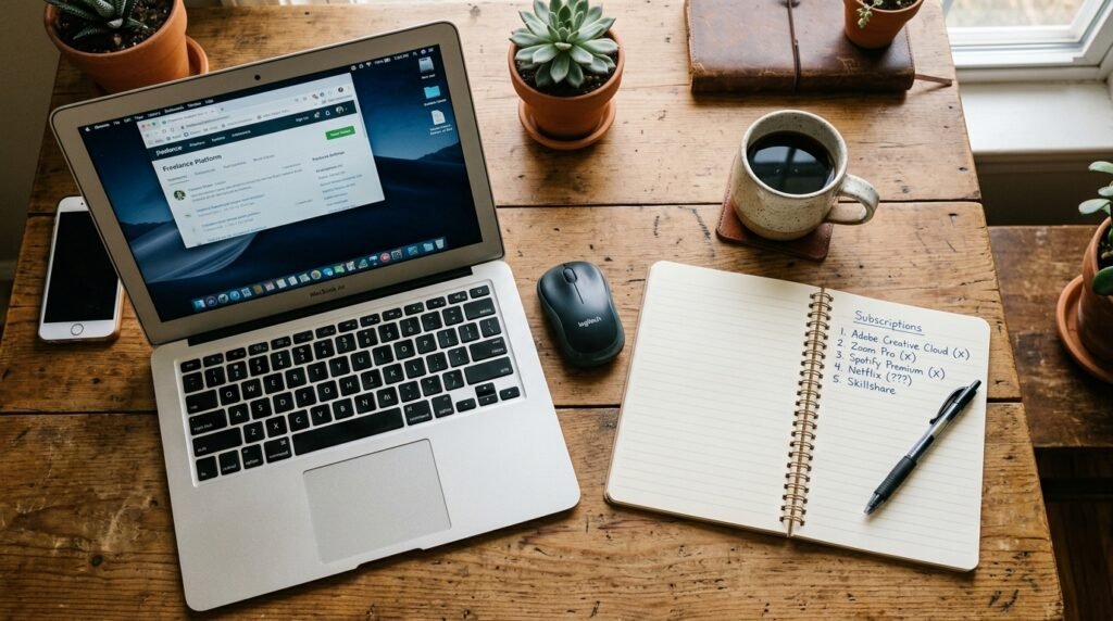 flat lay desk with laptop mouse coffee and notebook listing subscriptions