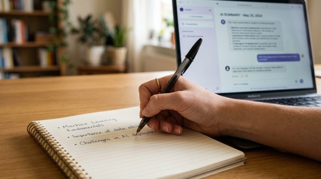 hand writing bullet points on notepad next to laptop with ai chat summary