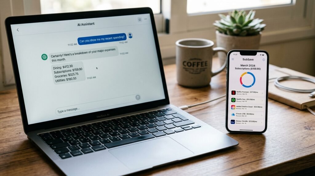 laptop showing ai assistant chat next to phone with subscription tracker app