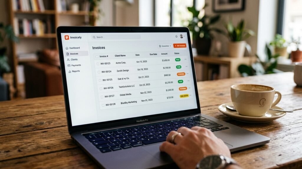 laptop showing invoicing app dashboard with paid and pending invoice status