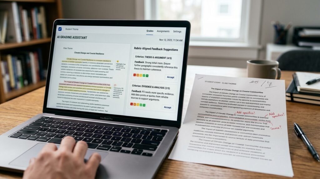 laptop showing ai grading assistant with rubric aligned feedback suggestions