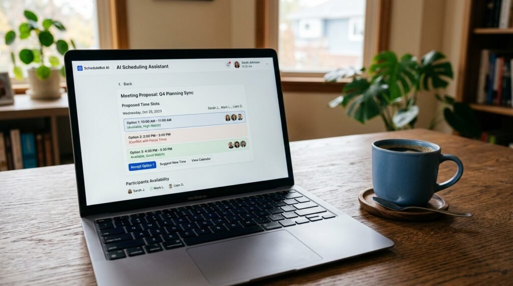 laptop showing ai scheduling assistant interface with proposed meeting times