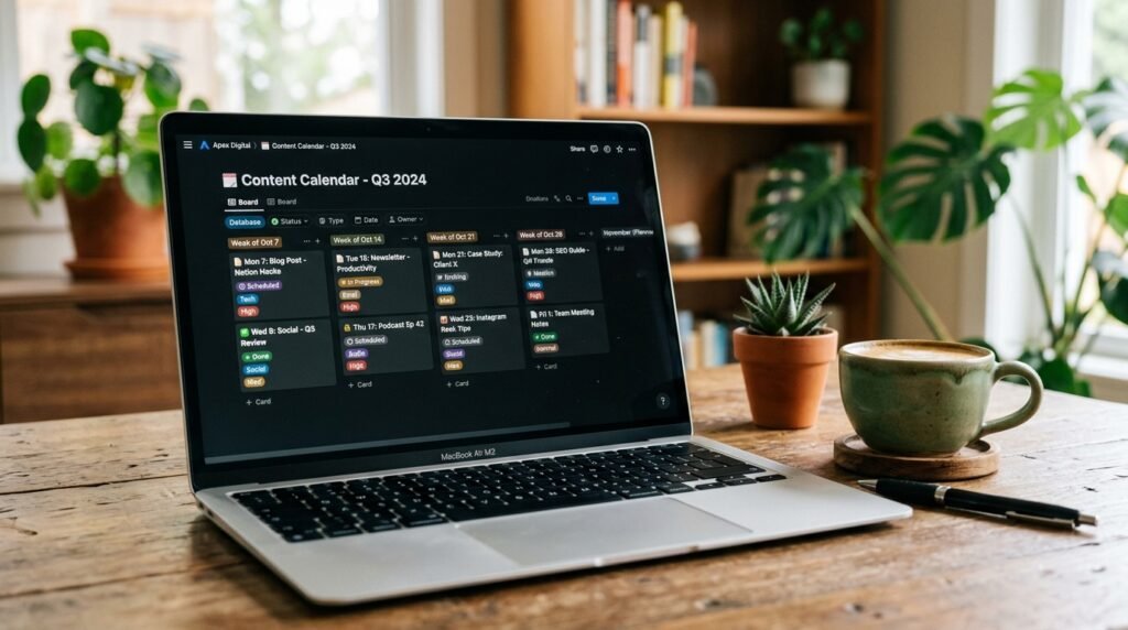 laptop showing organized content calendar database with scheduled topics