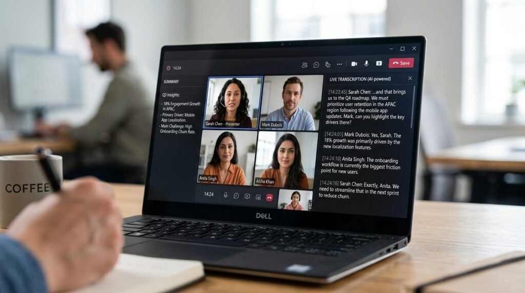 laptop showing live ai transcription panel during video call with multiple speakers