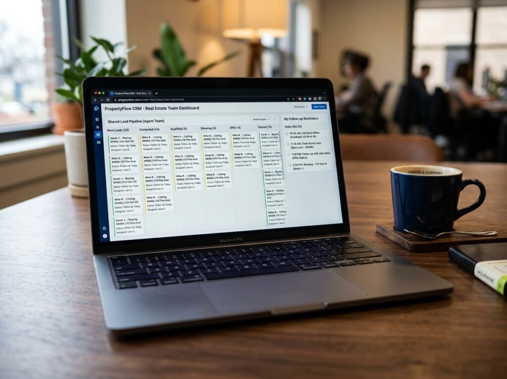 laptop showing real estate crm dashboard with shared lead pipeline