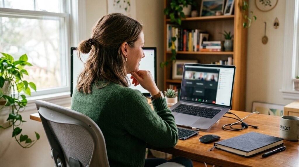 person on relaxed video call at desk with laptop