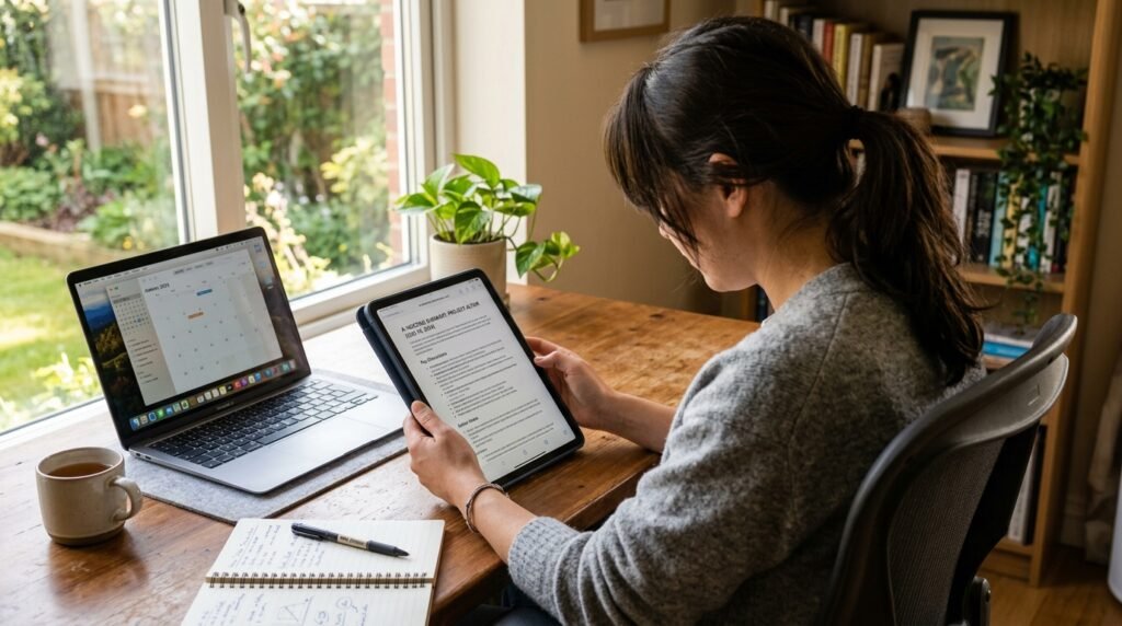 person reviewing ai generated meeting summary on tablet at desk