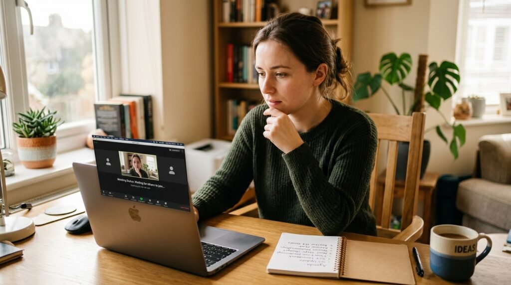 person at desk with laptop showing call waiting to start and notebook nearby