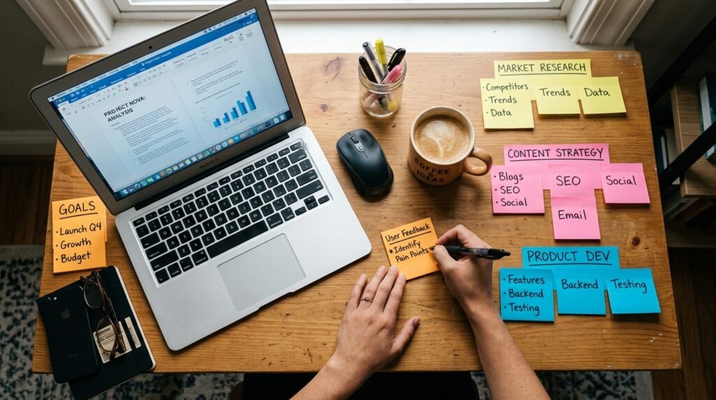 sticky notes grouped into themed clusters on a desk beside a laptop