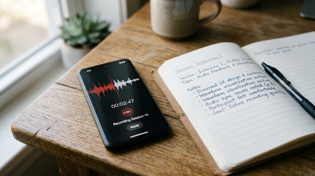 smartphone recording a counseling session next to handwritten notes