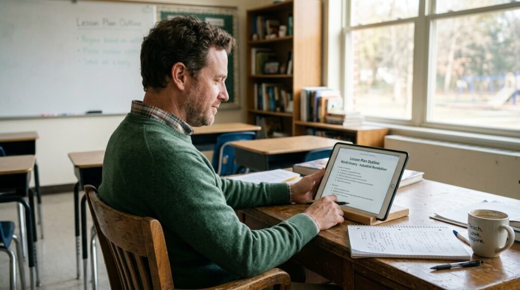 teacher reviewing lesson plan outline on tablet in classroom