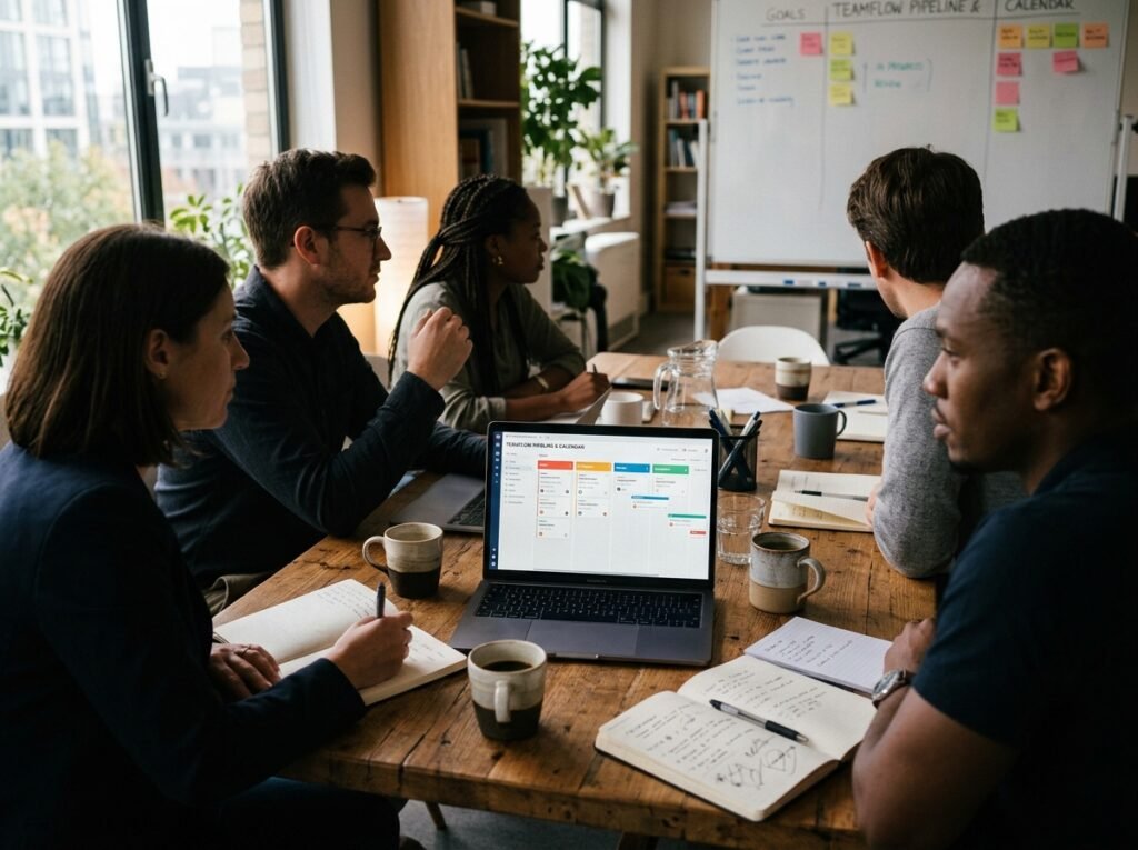 real estate agents discussing shared lead pipeline on laptop